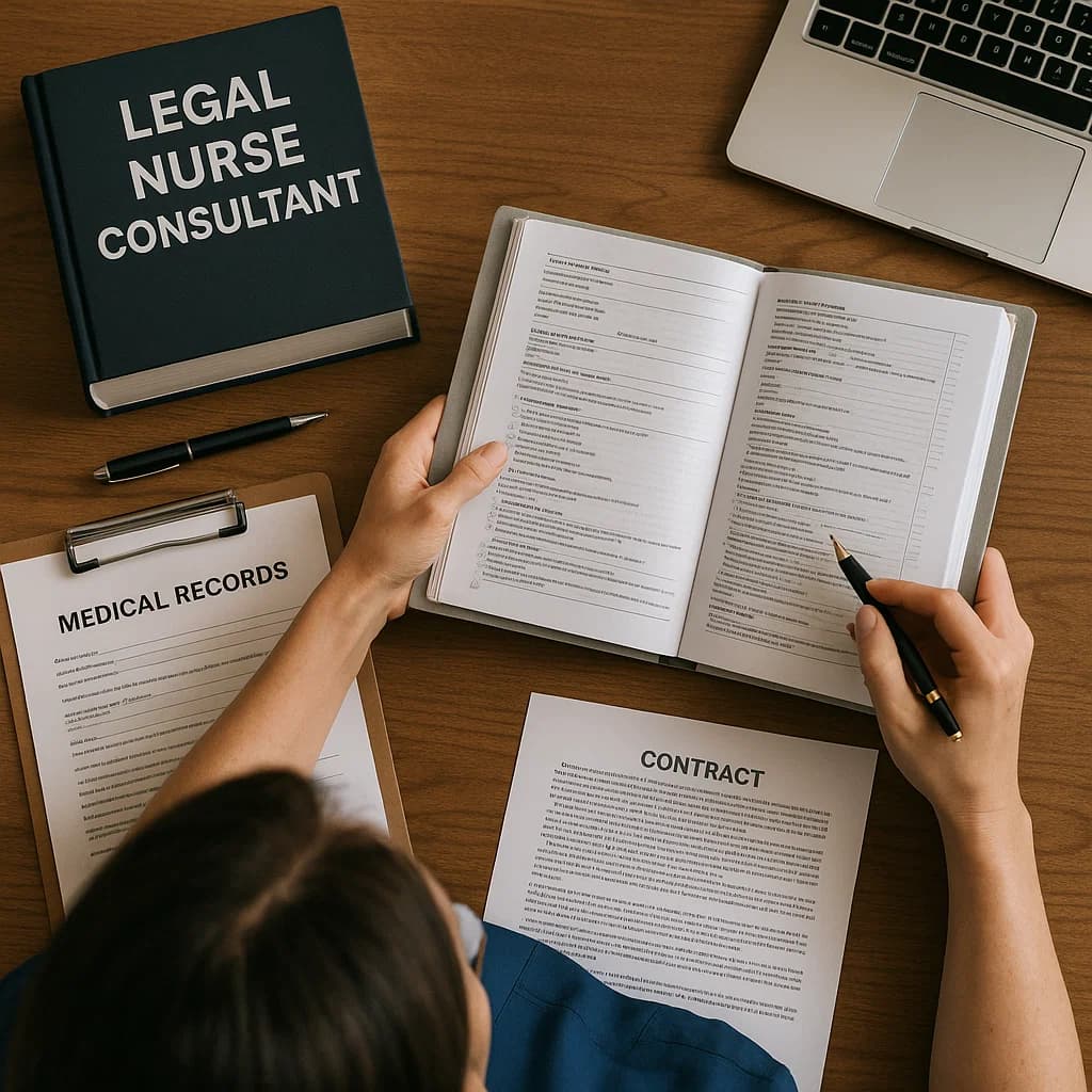 Legal nurse consultant reviewing medical records and documents for attorney case analysis